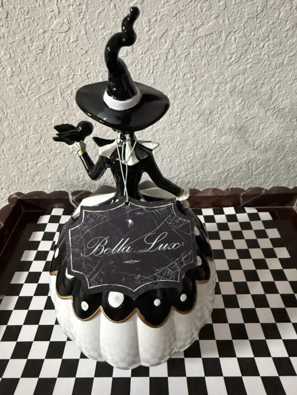 TikTok Bella Lux Halloween Witch Figurine Pumpkin Owl Black Polka Dot 10